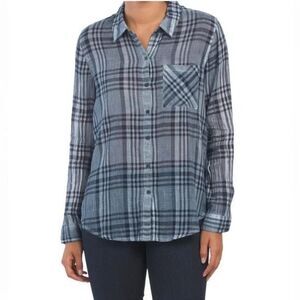 Lucky Brand Cotton Gauze Plaid Lightweight Button‎ Down Shirt Indigo Blue L